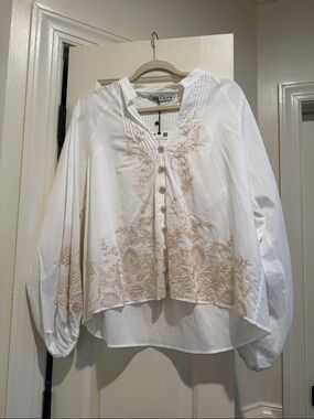 Zara White Blouse with Cream Embroidered Floral Detail